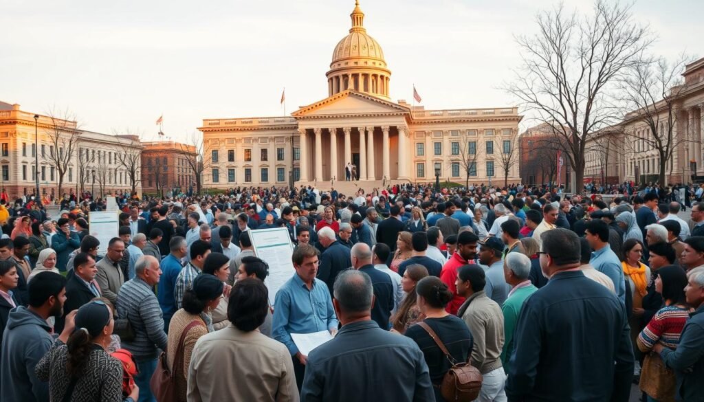 A bustling scene of a diverse community gathered in a town square, engaged in lively discussions about the fundamental laws of the land. In the foreground, citizens from all walks of life - young and old, professionals and laborers - stand in small groups, gesticulating animatedly as they exchange views on the intricacies of the constitution. The middle ground is filled with informative displays and signage, providing visual aids to enhance their understanding. In the background, a grand government building stands as a symbol of the institution responsible for upholding the constitution, its stately facade bathed in warm, golden light, creating a sense of authority and reverence. The overall atmosphere conveys a spirit of civic engagement, where the people's grasp of their fundamental rights and responsibilities is the focus of this pivotal moment.