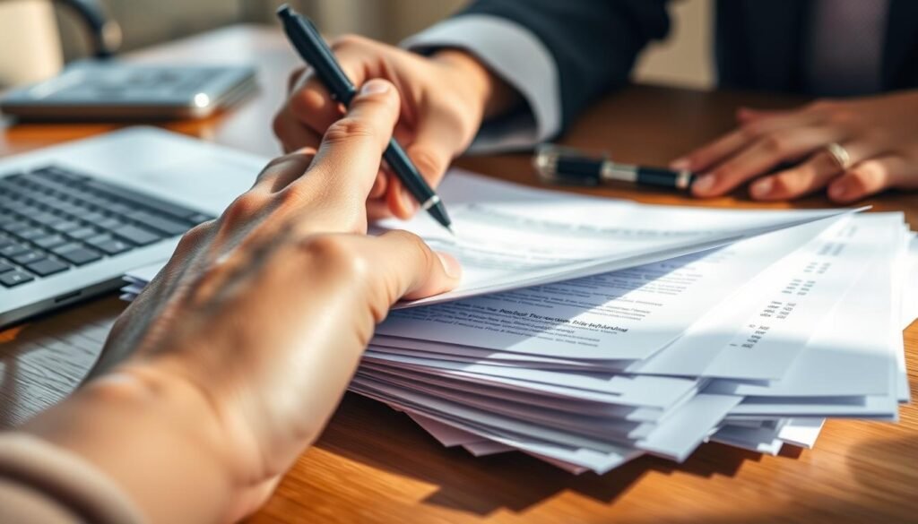 A close-up view of a person's hand carefully reviewing a stack of documents, representing the selection process for a scholarship. The documents are laid out on a wooden desk, with a pen and a laptop in the background, suggesting a professional academic setting. The lighting is soft and natural, casting subtle shadows and highlights on the scene. The overall mood is one of focus, concentration, and the careful consideration of applications. The composition emphasizes the importance and attention to detail involved in the scholarship selection process.