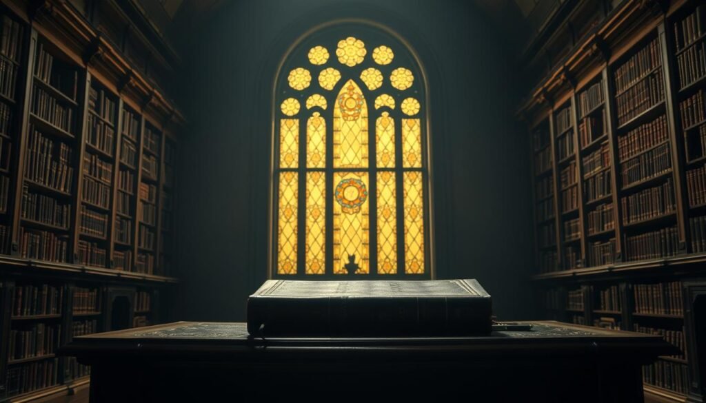 A dimly lit, elegant library interior with ornate bookshelves and a grand, wooden desk in the foreground. The desk features a large, leather-bound tome, representing the foundations of the nation. In the middle ground, a majestic, stained-glass window casts a warm, golden glow, illuminating the space. The background is shrouded in a contemplative, pensive atmosphere, with subtle shadows and muted tones, evoking a sense of reverence and timelessness. The lighting is soft, creating a sense of depth and drama, while the composition emphasizes the grandeur and significance of the subject matter.
