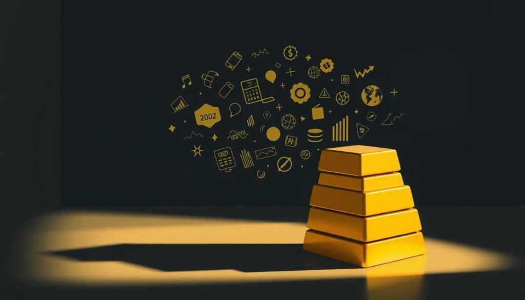 A dimly lit, minimalist illustration depicting the key factors influencing the decline in gold prices. In the foreground, a stack of gold bars casts long shadows, hinting at the volatility of the market. In the middle ground, abstract icons representing economic data, interest rates, and global events swirl and converge, creating a sense of complexity and interconnectedness. The background is shrouded in a subtle haze, evoking the uncertainty and ambiguity surrounding the dynamics of the gold market. Subtle lighting from the side casts dramatic shadows, adding depth and drama to the composition. The overall mood is one of contemplation and analysis, inviting the viewer to delve deeper into the underlying factors shaping the fluctuations in gold prices.