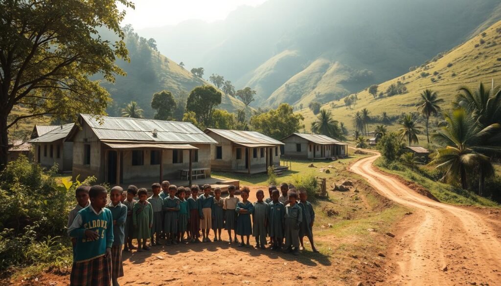 A remote school nestled in lush, verdant hills, its simple, weathered structures standing in quiet resilience. Sunlight filters through the canopy of trees, casting a warm, gentle glow on the modest classrooms and dormitories. In the foreground, a group of students in well-worn uniforms gather, their faces alight with the wonder of learning, undaunted by the challenges of distance and isolation. The background reveals a winding dirt path leading away, a tangible symbol of the arduous journeys these students undertake to access the transformative power of education. Evoke a sense of determination, community, and the indomitable spirit that thrives even in the most remote corners of the world.