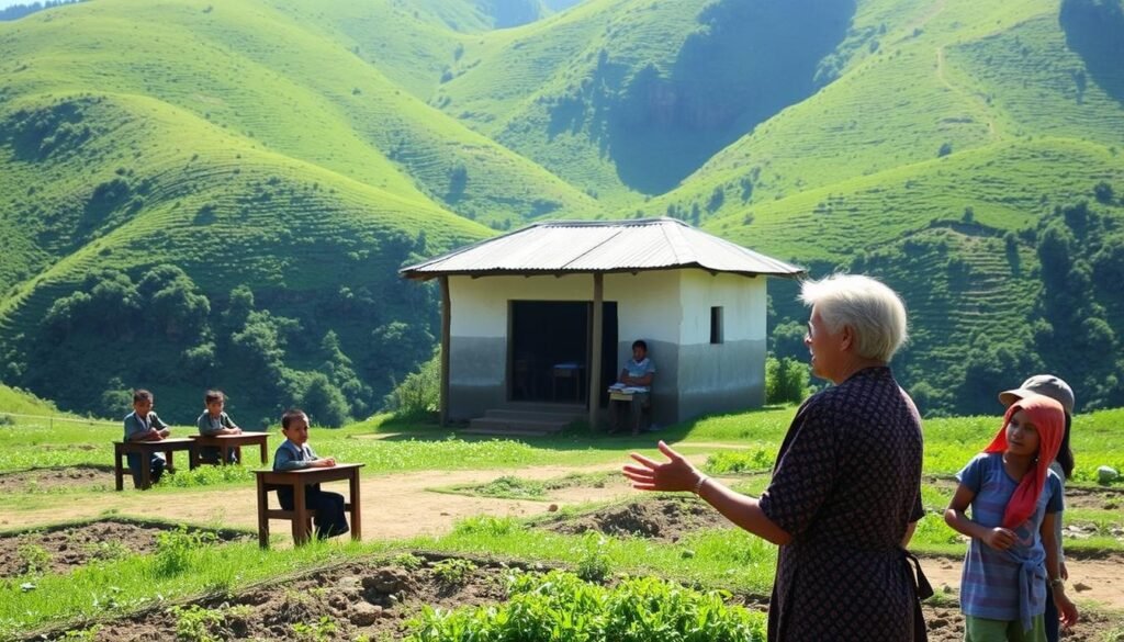 A remote village nestled in lush green hills, with a simple one-room schoolhouse at its center. Sunlight streams through the windows, illuminating eager students seated at wooden desks, engaged in their studies. In the foreground, a teacher gestures animatedly, using local teaching materials to explain a lesson. Surrounding the school, villagers tend to small plots of land, their hardworking hands a testament to the resilience of this community. The scene conveys a sense of hope and determination, a visual representation of the solutions being sought to improve educational access in these distant, underserved regions.