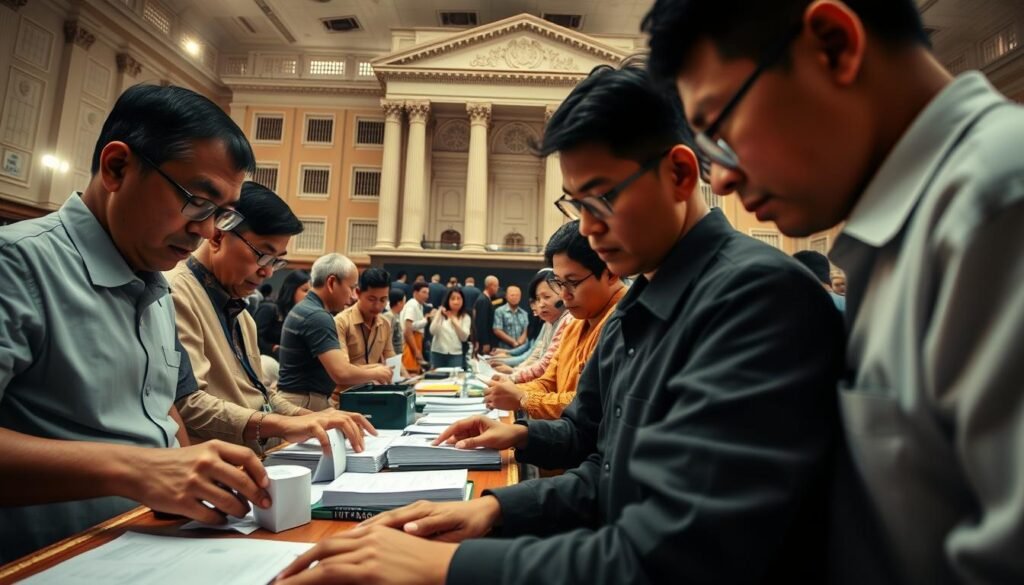 A vibrant scene of the electoral process, captured in a dynamic wide-angle shot. In the foreground, election officials diligently overseeing the counting and tallying of ballots, their faces etched with concentration. The middle ground showcases voters patiently waiting in line, an air of civic engagement palpable. In the background, a grand, stately building serves as the backdrop, its architecture evoking the solemnity of the democratic institution. Soft, warm lighting bathes the scene, lending a sense of gravitas and importance to the proceedings. The overall composition conveys the meticulous, multi-layered nature of Indonesia's electoral system, a testament to the nation's commitment to democratic principles.