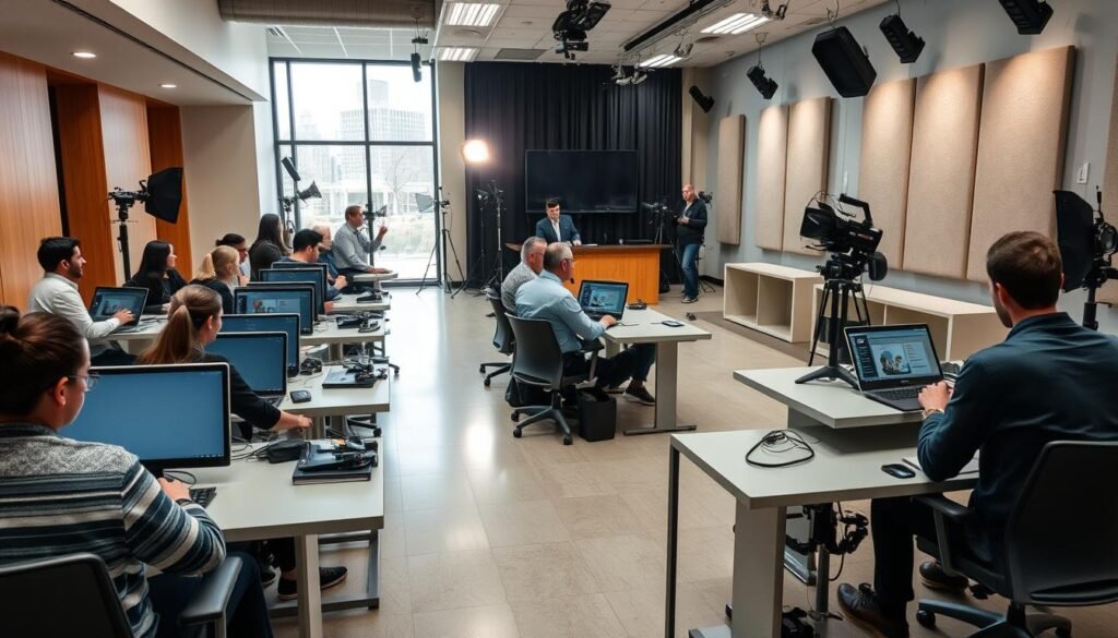 A well-equipped journalism training facility with modern workstations, a spacious classroom, and an interview room with professional lighting and acoustic panels. Trainees engaged in discussions, research, and hands-on exercises, facilitated by experienced instructors. The atmosphere is focused yet dynamic, with a backdrop of stylish architectural elements and large windows providing natural illumination. The overall setting conveys a sense of learning, collaboration, and the development of essential journalistic skills.