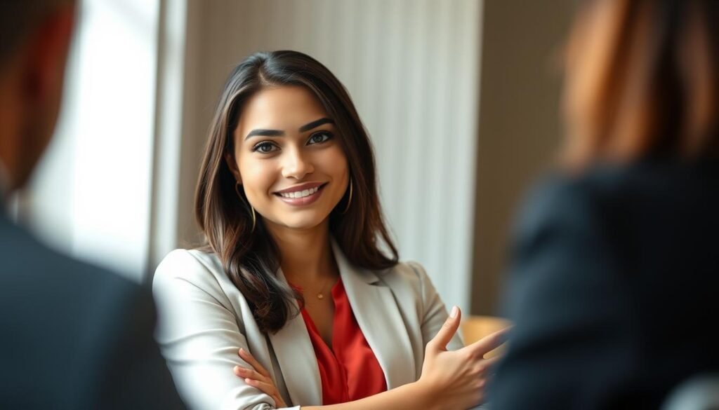 A confident young professional woman sitting upright, maintaining direct eye contact and a warm, assured expression as she answers questions during a job interview. Soft, natural lighting from the side and above accentuates her features and creates a sense of poise and self-assurance. The background is slightly blurred, keeping the focus on her confident body language and demeanor, projecting an air of preparedness and competence. The overall mood is one of composure, professionalism and a readiness to handle any unexpected situation that may arise during the interview.