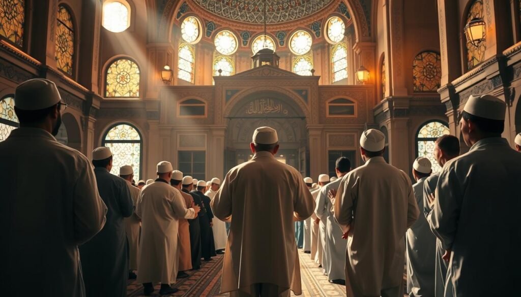 A serene scene of worshippers in traditional Islamic garb performing sholat (ritual prayer) together in a historic mosque, the ornate domed architecture and intricate tilework visible in the background. Soft, warm lighting filters through stained glass windows, casting a reverent glow over the congregation. The imam leads the prayer at the front, his robes flowing gracefully. Worshippers stand united, their bodies synchronized in submission and devotion, representing the unity and community of the Islamic faith. An aura of timelessness and spiritual tranquility pervades the space, capturing the essence of the historical tradition of congregational prayer.