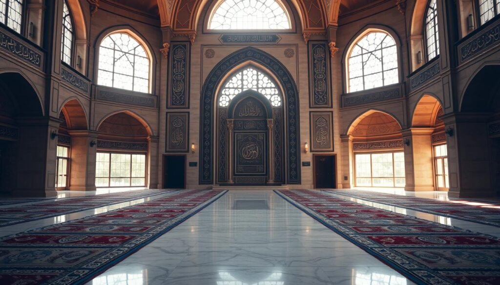 A spacious and serene prayer hall, flooded with warm, natural light filtering through large, arched windows. The polished marble floor reflects the intricate geometric patterns of the ornate, carved mihrab niche, drawing the eye towards the qibla wall. Rows of prayer rugs are neatly arranged, awaiting the faithful. The atmosphere is one of tranquility and devotion, inviting worshippers to engage in collective prayer. Elegant calligraphic inscriptions adorn the walls, adding to the reverent ambiance. The overall composition conveys the sanctity and communal essence of the congregational prayer experience.