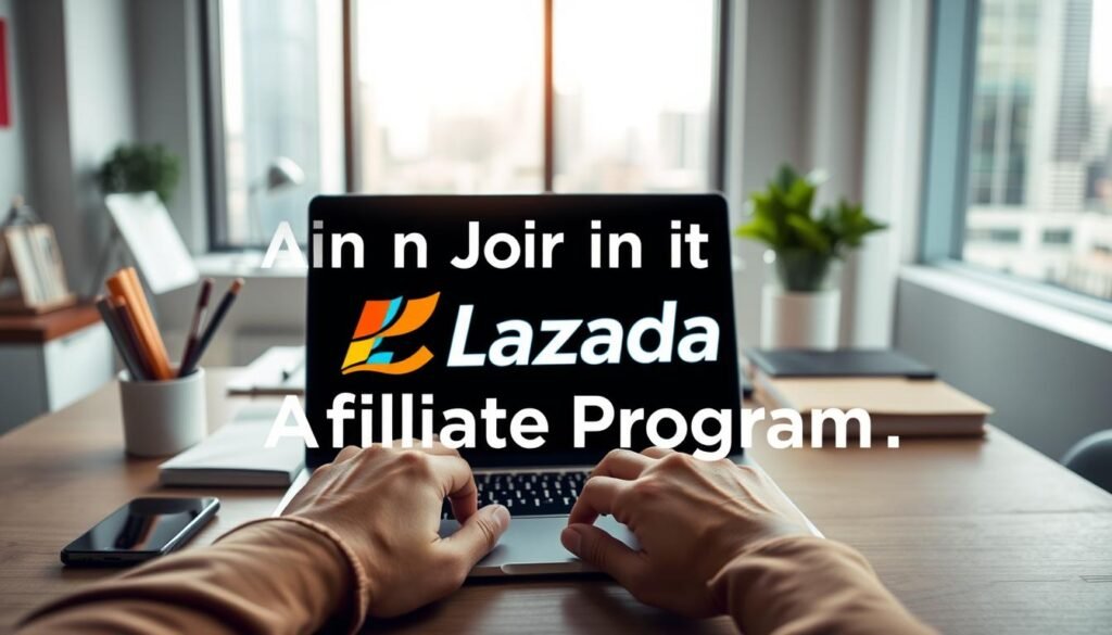 A vibrant and professional-looking image of a person joining the Lazada affiliate program. The foreground shows a person's hands typing on a laptop, with a Lazada logo prominently displayed on the screen. The middle ground features a clean, minimalist workspace with office supplies and a potted plant, suggesting a productive and organized work environment. The background showcases a blurred cityscape, hinting at the broader digital landscape in which this affiliate opportunity exists. The lighting is soft and natural, creating a warm, inviting atmosphere. The overall composition conveys a sense of focus, progress, and the potential for financial success through Lazada's affiliate program. A vibrant and professional-looking image of a person joining the Lazada affiliate program. The foreground shows a person's hands typing on a laptop, with a Lazada logo prominently displayed on the screen. The middle ground features a clean, minimalist workspace with office supplies and a potted plant, suggesting a productive and organized work environment. The background showcases a blurred cityscape, hinting at the broader digital landscape in which this affiliate opportunity exists. The lighting is soft and natural, creating a warm, inviting atmosphere. The overall composition conveys a sense of focus, progress, and the potential for financial success through Lazada's affiliate program.