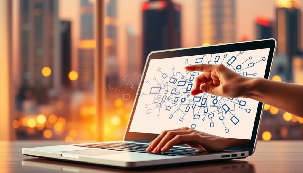 A vibrant, visually striking depiction of a "link affiliate" concept, suitable for illustrating the "Cara Membuat dan Mengelola Link Affiliate" section of the article "Cara Mendapatkan Uang dari Internet Lewat Affiliate Lazada." In the foreground, a sleek, modern laptop displays a complex network of hyperlinks, each representing an affiliate partnership. The laptop's screen is illuminated by a soft, warm light, creating a cozy, inviting atmosphere. In the middle ground, a hand carefully navigates the intricate web of links, symbolizing the careful management and optimization of the affiliate program. The hand's movements are precise and deliberate, conveying the importance of this task. The background features a blurred cityscape, hinting at the global reach and impact of the affiliate marketing industry. The scene is bathed in a golden, sunset-like glow, evoking a sense of success and prosperity. The overall composition is balanced, with a clean and minimalist aesthetic that emphasizes the key elements of A vibrant, visually striking depiction of a "link affiliate" concept, suitable for illustrating the "Cara Membuat dan Mengelola Link Affiliate" section of the article "Cara Mendapatkan Uang dari Internet Lewat Affiliate Lazada." In the foreground, a sleek, modern laptop displays a complex network of hyperlinks, each representing an affiliate partnership. The laptop's screen is illuminated by a soft, warm light, creating a cozy, inviting atmosphere. In the middle ground, a hand carefully navigates the intricate web of links, symbolizing the careful management and optimization of the affiliate program. The hand's movements are precise and deliberate, conveying the importance of this task. The background features a blurred cityscape, hinting at the global reach and impact of the affiliate marketing industry. The scene is bathed in a golden, sunset-like glow, evoking a sense of success and prosperity. The overall composition is balanced, with a clean and minimalist aesthetic that emphasizes the key elements of