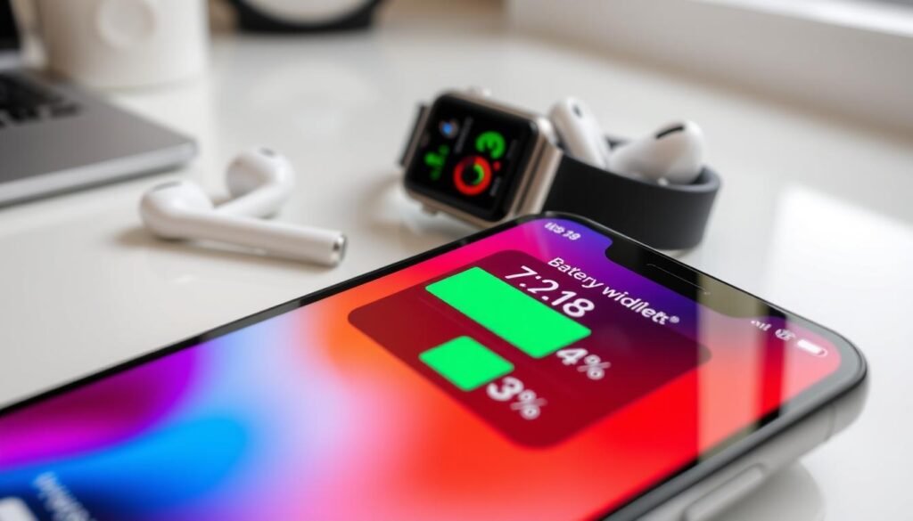 A close-up view of the updated iOS 18 battery widget displayed on an iPhone screen, prominently showing the combined battery percentages of an iPhone, Apple Watch, and AirPods. The foreground features the sleek iPhone with the new widget interface, showcasing vibrant colors and modern design elements. In the middle, include a stylish Apple Watch and set of AirPods, both rendered in detail to highlight their design and connection status. The background should be a softly blurred, minimalist workspace, with soft, natural lighting creating an inviting atmosphere. Use a focal length that emphasizes the devices while providing a clear view of the updated widget, evoking a sense of innovation and functionality.