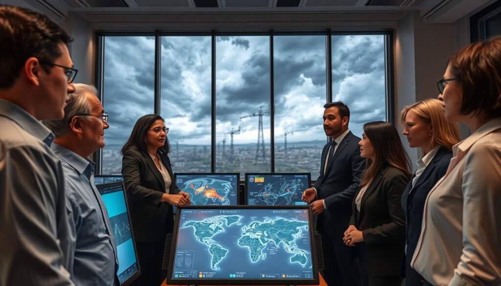 A team of diverse professionals in business attire is conducting a disaster recovery simulation in a high-tech command center. The foreground features three individuals interacting with large digital screens displaying real-time data analytics and recovery strategies. In the middle ground, monitors showcase maps and potential disaster scenarios, with holographic models of telecommunications infrastructure. The background includes large windows with a cloudy, stormy sky illustrating impending disaster, enhancing the urgency of the scene. Soft, diffused lighting casts a professional atmosphere, highlighting the seriousness of the simulation. The angle is slightly elevated, emphasizing the team’s collaboration and focus on proactive disaster management strategies, embodying a sense of determination and preparedness.