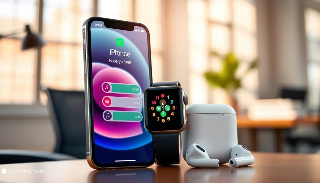 A visually striking illustration of the iCloud battery widget integration, prominently featuring an iPhone, Apple Watch, and AirPods harmoniously displayed together. In the foreground, the iPhone shows the battery levels of all connected devices in a sleek interface, with vibrant icons. The Apple Watch sits beside, showcasing its unique design and health monitoring features. AirPods are artistically positioned, highlighting their modern aesthetic. The background is a blurred soft-focus of a stylish office environment, with natural light filtering through a window, casting gentle shadows. The camera angle is slightly above the devices, capturing their elegant contours and colors, creating a cohesive atmosphere of sophistication and modern technology. The overall mood is innovative and polished, symbolizing the seamless integration of Apple’s ecosystem.