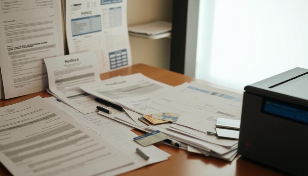 A well-lit office desk with an assortment of diverse document types neatly arranged: official forms, financial statements, contracts, invoices, and identification cards. The scene is captured from a slightly elevated angle, emphasizing the organized layout and variety of document formats. Soft, even lighting illuminates the scene, creating a professional and focused atmosphere. The background is subtly blurred, keeping the viewer's attention on the range of document types that serve as the focal point, demonstrating the versatility needed in a high-performance document scanning application.
