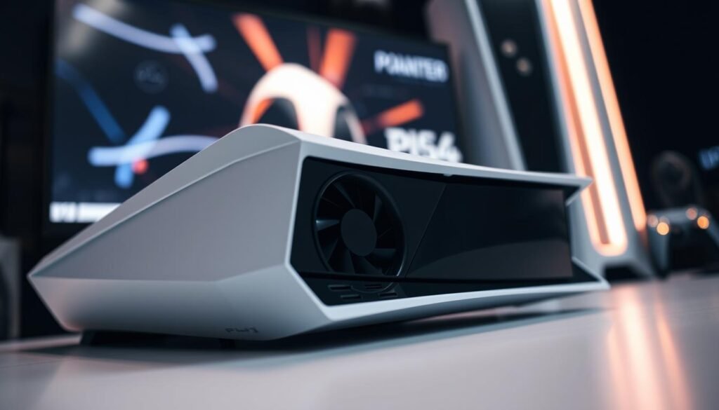 A close-up view of the PlayStation 5 Model Revision CFI-1400, highlighting its advanced cooling system. In the foreground, the sleek white and black console is positioned at an angle, showcasing its modern design and refined ventilation openings. The middle ground features a soft glow emitting from the fan vents, illustrating efficient thermal management, while subtle shadows enhance the contours of the device. In the background, a polished gaming setup is visible, with ambient lighting creating a dynamic atmosphere that emphasizes a high-tech gaming environment. The image is taken from a slightly lower angle, using soft, diffused lighting to evoke a sense of sophistication and innovation, encapsulating the essence of this new console revision.