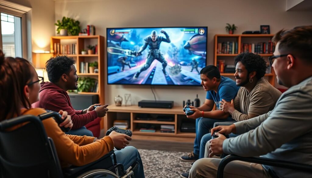 A dynamic scene showcasing inclusive gameplay accessibility. In the foreground, a diverse group of players, including a person in a wheelchair and others of various ethnicities, engaged in a cooperative video game session. They are focused and immersed, using adaptive controllers to enhance their gameplay experience. The middle ground features a large television displaying an action-packed scene from a game, with vivid colors and clear details highlighting the excitement of battling challenges together. In the background, a cozy living room environment, warmly lit, with shelves filled with games and comfortable seating. The overall atmosphere is one of camaraderie and excitement, emphasizing the importance of accessibility in enhancing gaming experiences for all players. The image is shot at a slight angle to capture the players’ expressions and the vibrant screen, giving a sense of engagement and joy.
