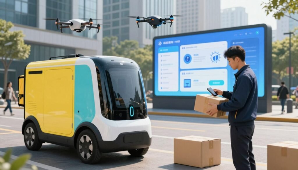 A modern, dynamic scene depicting fast delivery technology in action. In the foreground, a sleek electric delivery vehicle is parked, showcasing its futuristic design with vibrant colors. Beside it, a delivery worker wearing professional attire is scanning a package with a high-tech device. The middle ground features a digital screen displaying real-time tracking information, alongside various high-tech delivery options like drones in flight. The background displays a bustling urban environment, with tall buildings and pedestrians, conveying a sense of innovation and efficiency. Bright, natural lighting emphasizes the clarity and modernity of the scene, with a slightly angled perspective to highlight the interaction between technology and human activity. The atmosphere should feel energetic, showcasing the excitement of rapid delivery innovation. A modern, dynamic scene depicting fast delivery technology in action. In the foreground, a sleek electric delivery vehicle is parked, showcasing its futuristic design with vibrant colors. Beside it, a delivery worker wearing professional attire is scanning a package with a high-tech device. The middle ground features a digital screen displaying real-time tracking information, alongside various high-tech delivery options like drones in flight. The background displays a bustling urban environment, with tall buildings and pedestrians, conveying a sense of innovation and efficiency. Bright, natural lighting emphasizes the clarity and modernity of the scene, with a slightly angled perspective to highlight the interaction between technology and human activity. The atmosphere should feel energetic, showcasing the excitement of rapid delivery innovation.