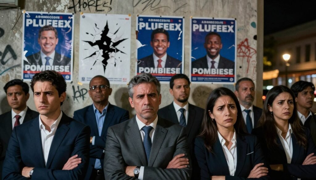 A powerful and evocative image depicting the social-political impact when leaders fail to fulfill their campaign promises. In the foreground, a diverse group of people, dressed in professional business attire, express frustration and disappointment, with furrowed brows and crossed arms. In the middle ground, torn campaign posters featuring smiling candidates hang on a weathered wall, some partially obscured by graffiti depicting broken dreams and shattered hopes. The background reveals a dimly lit street scene with flickering lights, symbolizing uncertainty and turmoil. Soft, moody lighting casts shadows, creating a somber atmosphere that highlights the emotional weight of unfulfilled promises. The perspective should be slightly angled, drawing the viewer's eye from the disappointed faces in the foreground to the faded campaign posters in the middle, evoking a sense of urgency and reflection.