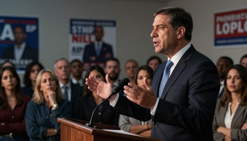 A solemn politician stands at a podium, delivering an impassioned speech with fervent gestures. The foreground captures the politician, dressed in a well-fitted dark suit and tie, conveying sincerity and determination. In the middle ground, an audience of diverse individuals listens intently, reflecting a mix of hope and skepticism, with expressions ranging from admiration to disappointment. The background showcases campaign posters and banners fading into the distance, setting a political atmosphere. Soft, dramatic lighting highlights the politician's face, casting deep shadows that evoke an emotional weight. The angle is slightly low, emphasizing the politician’s stature and power, while a subtle haze in the air enhances the seriousness of the moment, capturing the essence of unfulfilled promises and the complexity of political commitments.