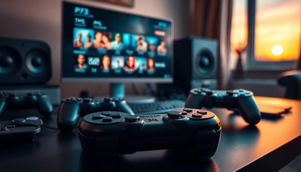 A thoughtful arrangement of several game controllers, including a PS3 controller, set on a sleek gaming desk. In the foreground, the PS3 controller glows softly, representing nostalgia. In the middle, a choice of gaming options displayed on a monitor, with images of popular PS3 games visible. The background features a cozy gaming room, dimly lit with warm tones, giving an inviting atmosphere. A window shows a sunset, casting soft light into the room. The overall mood feels reflective and contemplative, focusing on the important factors one should consider when selecting a gaming method. Use a slightly blurred depth of field to emphasize the foreground elements, creating an immersive experience.