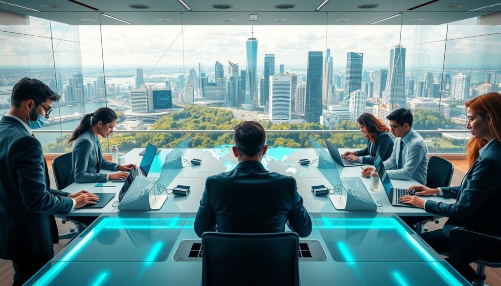 A vibrant digital workspace showcasing the transformation of the modern work environment. In the foreground, a diverse group of professionals in smart business attire collaborate around sleek, high-tech desks, using laptops and digital tablets. The middle ground features a variety of futuristic digital displays projecting data analytics and global networking maps. The background reveals a panoramic view of a modern city skyline, highlighting advanced skyscrapers and greenery, symbolizing the merging of technology and nature. Soft, ambient lighting creates a welcoming atmosphere, while a dynamic angle captures the energy and collaboration in the space. The mood is optimistic and innovative, embodying the evolution of work and the digital economy.