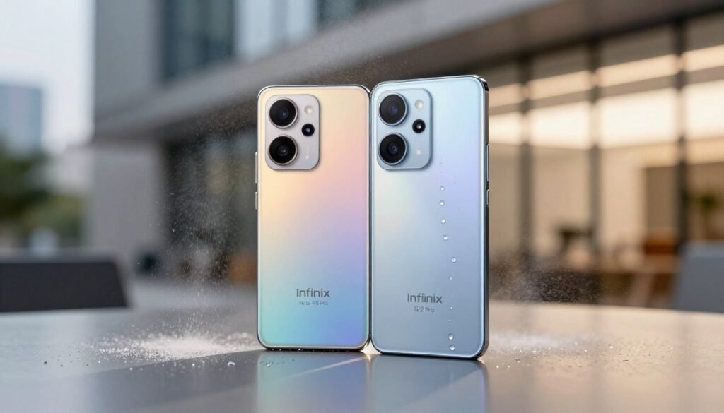 A close-up image of two smartphones, the Infinix Note 40 Pro and Realme 12 Pro+, placed side by side on a sleek, reflective surface, symbolizing their water and dust resistance features. In the foreground, droplets of water bead off the smartphones, illustrating their IP rating for protection against moisture. In the middle ground, a subtle layer of fine dust swirls around the phones, representing dust resistance. The background features a soft-focus urban setting, blending natural light with hints of a modern office. The mood is confident and professional, with soft shadows creating depth. The lighting is warm and inviting, enhancing the sleek designs of the devices while emphasizing their durability. A close-up image of two smartphones, the Infinix Note 40 Pro and Realme 12 Pro+, placed side by side on a sleek, reflective surface, symbolizing their water and dust resistance features. In the foreground, droplets of water bead off the smartphones, illustrating their IP rating for protection against moisture. In the middle ground, a subtle layer of fine dust swirls around the phones, representing dust resistance. The background features a soft-focus urban setting, blending natural light with hints of a modern office. The mood is confident and professional, with soft shadows creating depth. The lighting is warm and inviting, enhancing the sleek designs of the devices while emphasizing their durability.