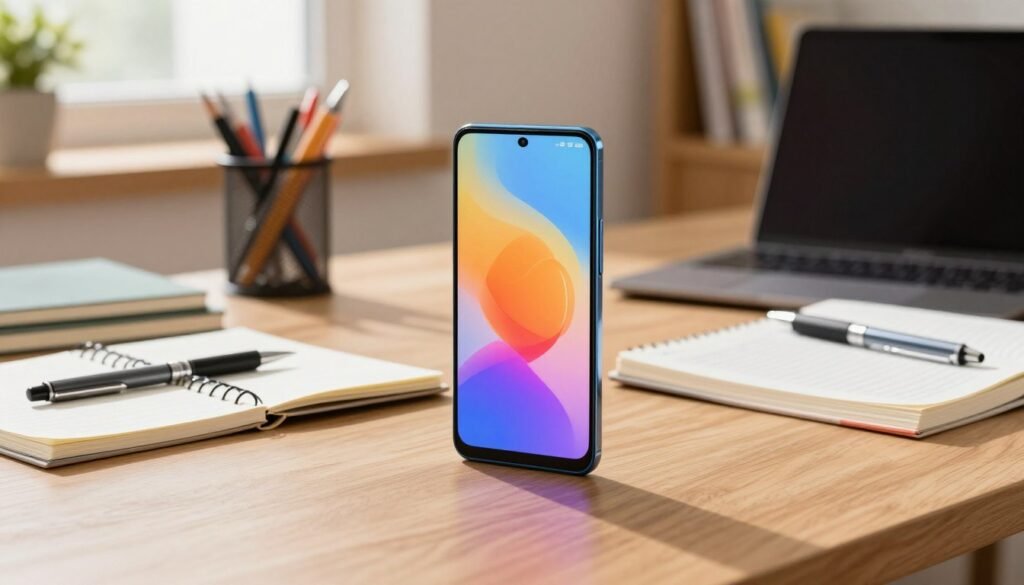 A modern smartphone from the Realme brand displayed prominently in the foreground, showcasing its sleek design and vibrant screen. Surrounding it are educational tools like notebooks, pens, and textbooks, symbolizing student life. In the middle ground, a study desk is visible, filled with stationery and a laptop, creating an organized study atmosphere. The background captures a cozy study environment, with warm, natural lighting filtering through a window, creating an inviting mood. The angle is slightly tilted downwards to emphasize the smartphone's features and the study materials. Include a hint of greenery, like a potted plant, to add a fresh touch to the scene. Focus on a professional look, ideally suited for students, with a clean and clutter-free ambiance conducive to learning.