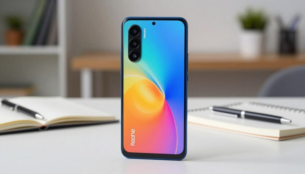 A sleek and modern Realme smartphone featuring a premium AMOLED display is the focal point of the image, positioned prominently in the foreground. The smartphone screen showcases bright, vivid colors, demonstrating its high-definition capabilities. In the middle ground, a stylish workspace is visible, adorned with minimalist accessories, including a notebook and pen, to suggest a student environment. The background features a subtle blurred flow of a contemporary study area, enhancing the focus on the device. Soft, natural lighting illuminates the scene to evoke a feeling of inspiration and productivity. The camera angle is slightly tilted downwards to emphasize the smartphone’s stunning details while retaining an overall clean and professional aesthetic.