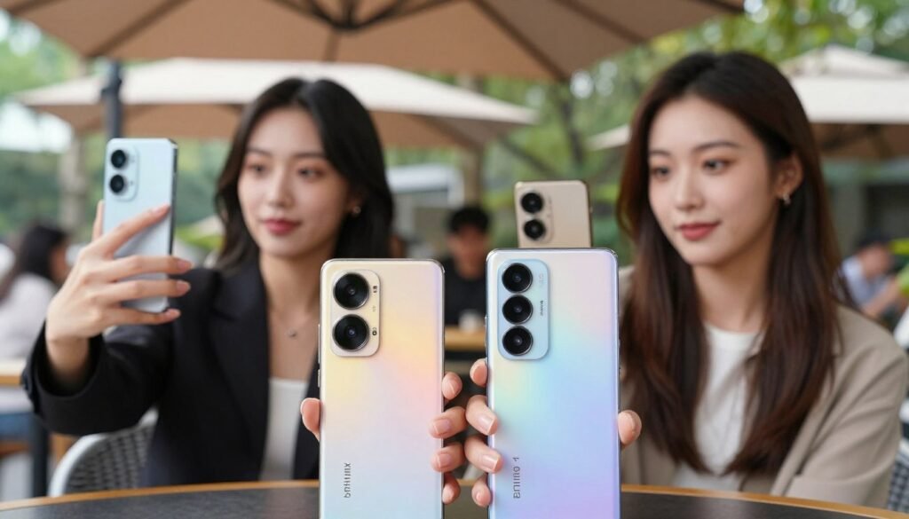 A visually striking comparison of two smartphones, the Infinix Note 40 Pro and Realme 12 Pro+, focused on their front cameras for selfies and vlogging. In the foreground, display both phones side-by-side, highlighting their unique camera designs and specifications. Place a well-lit, professional-looking model on each side, taking selfies with each phone, dressed in smart casual attire. The middle ground should feature a blurred background with a stylish cafe or park setting, suggesting a social atmosphere. Use natural daylight for soft, even lighting, ensuring the model's facial features are highlighted and shadows are minimized. The overall mood should be modern and engaging, appealing to tech enthusiasts. Pay attention to camera angles that emphasize the phones' sleek designs and the fun of capturing high-quality images. A visually striking comparison of two smartphones, the Infinix Note 40 Pro and Realme 12 Pro+, focused on their front cameras for selfies and vlogging. In the foreground, display both phones side-by-side, highlighting their unique camera designs and specifications. Place a well-lit, professional-looking model on each side, taking selfies with each phone, dressed in smart casual attire. The middle ground should feature a blurred background with a stylish cafe or park setting, suggesting a social atmosphere. Use natural daylight for soft, even lighting, ensuring the model's facial features are highlighted and shadows are minimized. The overall mood should be modern and engaging, appealing to tech enthusiasts. Pay attention to camera angles that emphasize the phones' sleek designs and the fun of capturing high-quality images.
